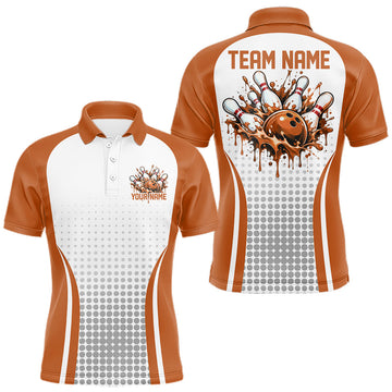 Maxcorners Custom White And Orange Dripping Bowling League Men Polo Shirt, Team Tournament Jersey