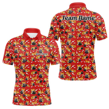 Maxcorners Custom Cute Ginger Tabby Cat Bowling Men Polo Shirts, Cat Bowling Team Shirt 2 LM2512