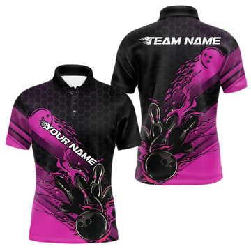Maxcorners Custom Black And Pink Flame Bowling Team Shirts, Bowling League Shirt Men Bowling Jersey