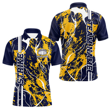 Maxcorners Custom Navy Blue And Yellow Camo Strike Bowling Shirt, Men Bowling League Team Jerseys