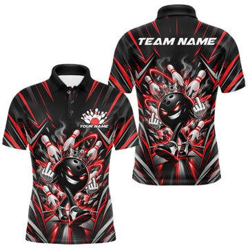 Maxcorners Custom Black And Red Funny Bowling Ball With Crown Bowling Team Men Polo Shirt LM2709