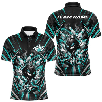 Maxcorners Custom Black And Turquoise Blue Funny Bowling Ball With Crown Bowling Team Men Polo Shirt LM2709