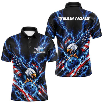 Maxcorners Custom Blue Lightning Patriotic Eagle Bowling Team Men Polo Shirt, Bowling League Shirt LM2709