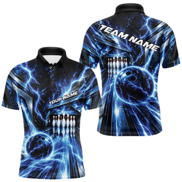 Maxcorners Custom Blue Lightning Bowling Polo Shirt For Men, Bowling League Shirt Bowler Outfit LM2709