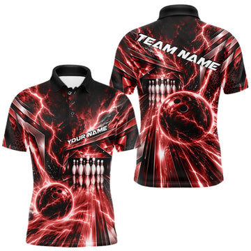 Maxcorners Custom Red Lightning Bowling Polo Shirt For Men, Bowling League Shirt Bowler Outfit LM2709