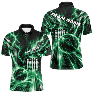 Maxcorners Custom Green Lightning Bowling Polo Shirt For Men, Bowling League Shirt Bowler Outfit LM2709