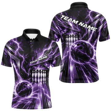Maxcorners Custom Purple Lightning Bowling Polo Shirt For Men, Bowling League Shirt Bowler Outfit LM2709