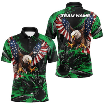 Maxcorners Custom Green Flame American Flag Eagle Patriotic Bowling Men Polo Shirt, Team Uniform LM2709