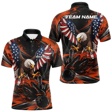 Maxcorners Custom Orange Flame American Flag Eagle Patriotic Bowling Men Polo Shirt, Team Uniform LM2709