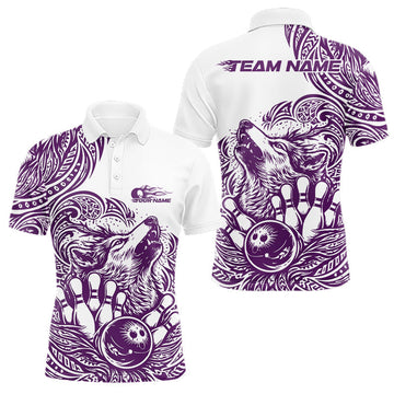 Maxcorners Custom Purple Tribal Pattern Maori Style Wolf Bowling Team Men Polo Shirt