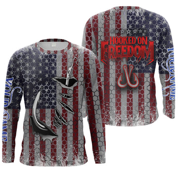 Maxcorners American Flag Fish Hook Custom Men Long Sleeve Fishing Shirts Personalized Patriotic Fishing Gifts - LM0501