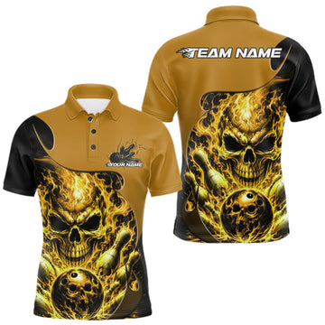 Maxcorners Custom Black And Yellow Fire Flame Halloween Skull Bowling Men Polo Shirt, Team Jersey LM0409