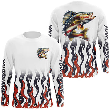 Maxcorners Personalized American Flag Walleye Long Sleeve Fishing Shirts, Patriotic Walleye Fishing Gifts LM0501