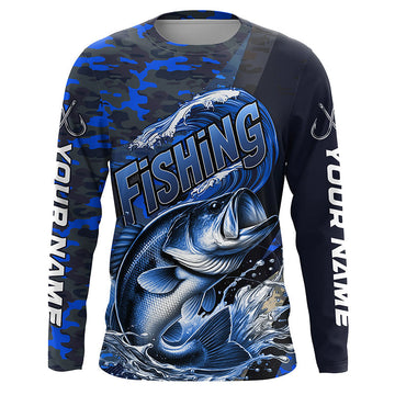 Maxcorners Custom Bass Long Sleeve Fishing Shirts, Personalized Bass Fishing Jersey | Blue Camo LM0201