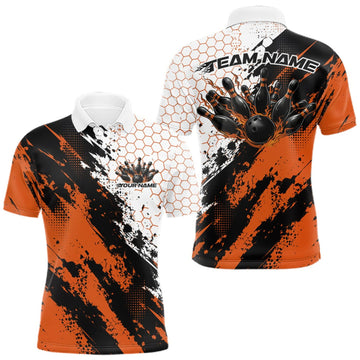 Maxcorners Custom Black And Orange Splatter Flame Bowling Men Polo Shirt, Bowling Tournament Shirt LM0409