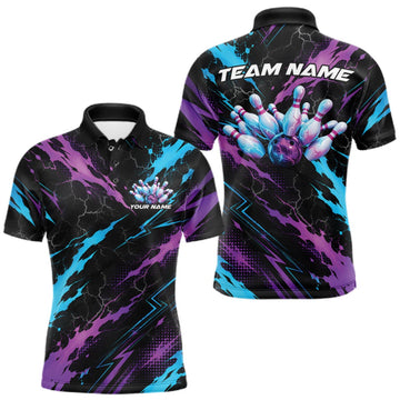 Maxcorners Custom Blue And Purple Lightning Bowling Men Polo Shirt, Bowling Team League Shirt LM0409