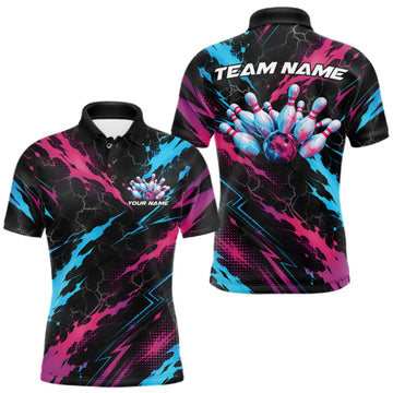 Maxcorners Custom Blue And Pink Lightning Bowling Men Polo Shirt, Bowling Team League Shirt LM0409