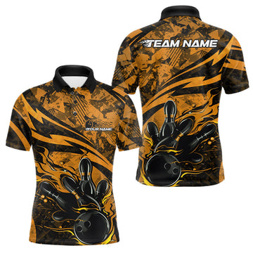 Maxcorners Custom Yellow Camo Flame Bowling Men Polo Shirts, Camouflage Bowling Team Jerseys