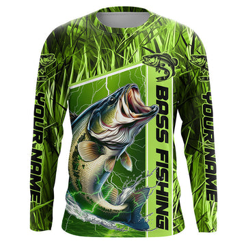 Maxcorners Custom Green Camo Bass Long Sleeve Tournament Fishing Shirts, Bass Fishing Jerseys LM0201