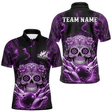 Maxcorners Custom Purple Sugar Skull Bowling Men Polo Shirt, Halloween Team Bowling Outfit LM1104