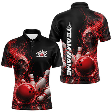 Maxcorners Custom Name Red Flame Skull Bowling Men Polo Shirts