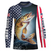 Maxcorners Personalized American Flag Walleye Long Sleeve Fishing Shirts, Patriotic Walleye Fishing Jersey LM0501