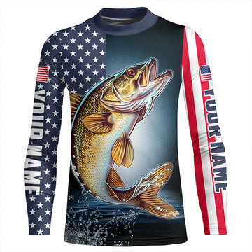 Maxcorners Personalized American Flag Walleye Long Sleeve Fishing Shirts, Patriotic Walleye Fishing Jersey LM0501