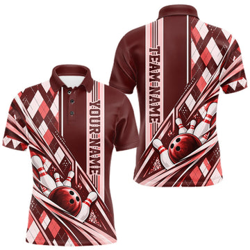Maxcorners Custom Red Argyle Pattern Retro Bowling Men Polo Shirt, Team Uniform LM0410