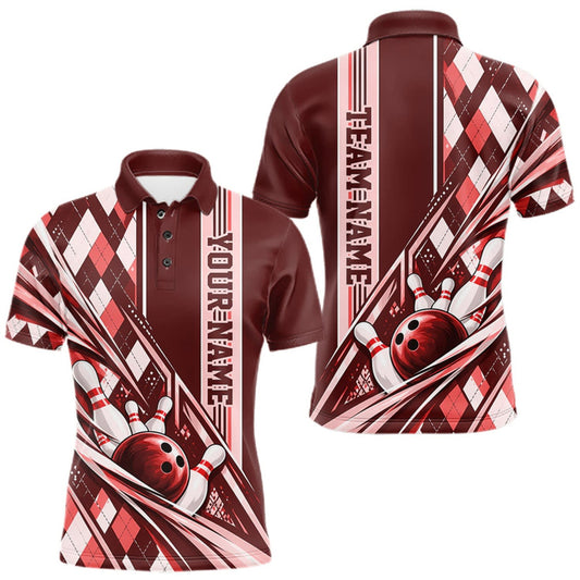 Maxcorners Custom Red Argyle Pattern Retro Bowling Men Polo Shirt, Team Uniform LM0410