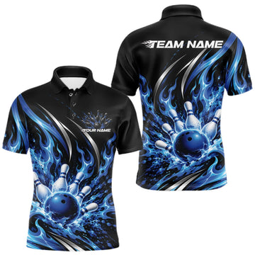 Maxcorners Custom Blue Flame Bowling Polo Shirt For Men, Bowling Tournament Jersey Bowler Outfit LM0410