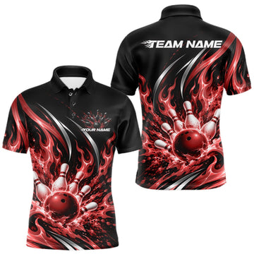 Maxcorners Custom Red Flame Bowling Polo Shirt For Men, Bowling Tournament Jersey Bowler Outfit LM0410