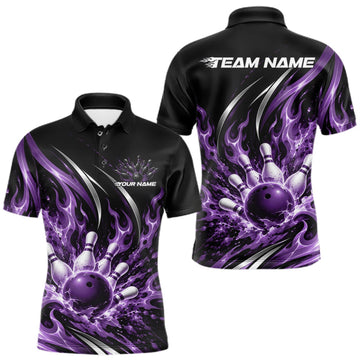 Maxcorners Custom Purple Flame Bowling Polo Shirt For Men, Bowling Tournament Jersey Bowler Outfit LM0410