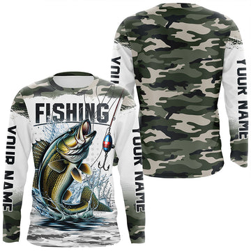 Maxcorners Walleye Fishing Camo Custom Long Sleeve Fishing Shirts, Personalized Walleye Fishing Jerseys LM2408