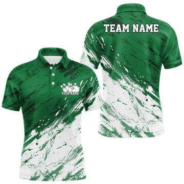 Maxcorners Custom White And Green Splatter Men Polo Bowling League Shirt