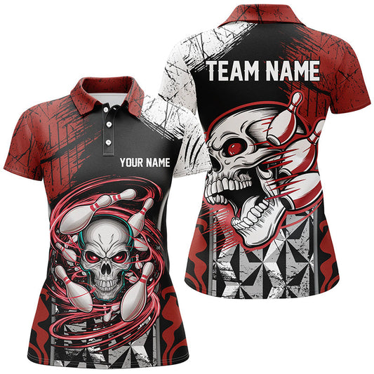 Maxcorners Red And Black Custom Skull Bowling Shirts, Short Sleeve Bowling Polo Shirts For Men Bowling Uniform