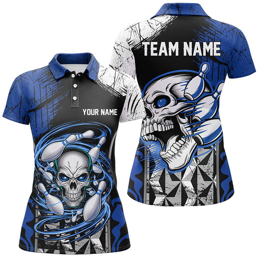 Maxcorners Blue And Black Custom Skull Bowling Shirts Bowling Polo Shirts For Men Bowling Uniform