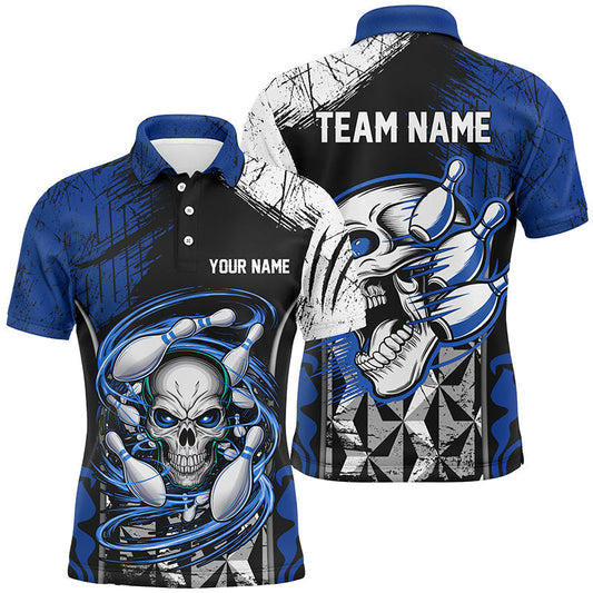 Maxcorners Blue And Black Custom Skull Bowling Shirts Bowling Polo Shirts For Men Bowling Uniform