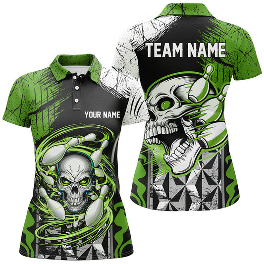 Maxcorners Green And Black Custom Skull Bowling Shirts, Short Sleeve Bowling Polo Shirts For Men