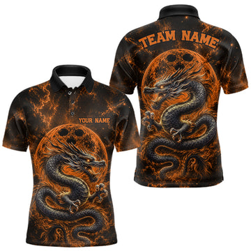 Maxcorners Custom Ancient Orange Dragon And Glowing Bowling Ball Moon Men Polo Team Shirt