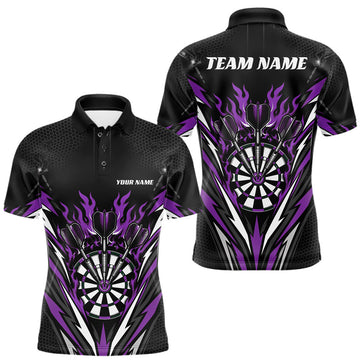 Maxcorners Custom Black And Purple Flame Bullseye Darts Men Polo Shirt, Darts Team Jerseys LM0208