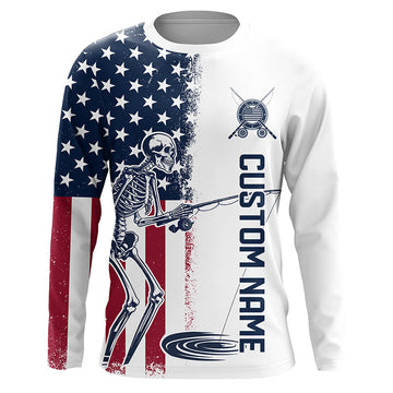 Maxcorners Custom American Flag Skull Patriotic Long Sleeve Fishing Shirts, Halloween Fishing Outfit LM0501