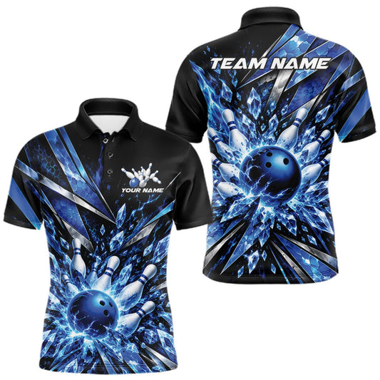 Maxcorners Custom Blue Icy Crystal Bowling Men Polo Shirt, Ice Bowling Team Jersey Bowler Outfit LM0410