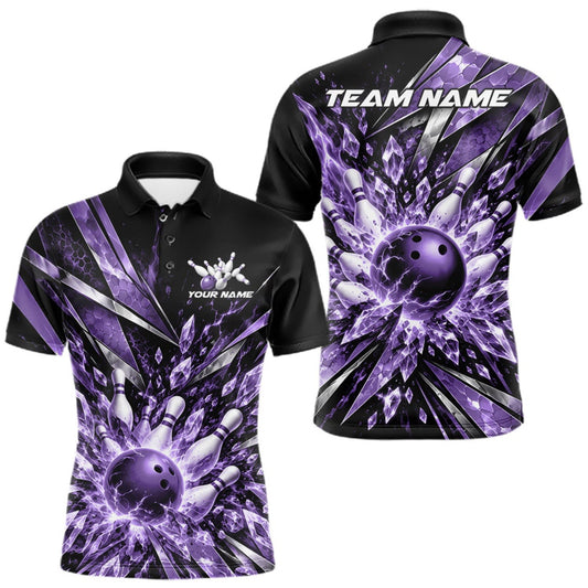 Maxcorners Custom Purple Icy Crystal Bowling Men Polo Shirt, Ice Bowling Team Jersey Bowler Outfit LM0410