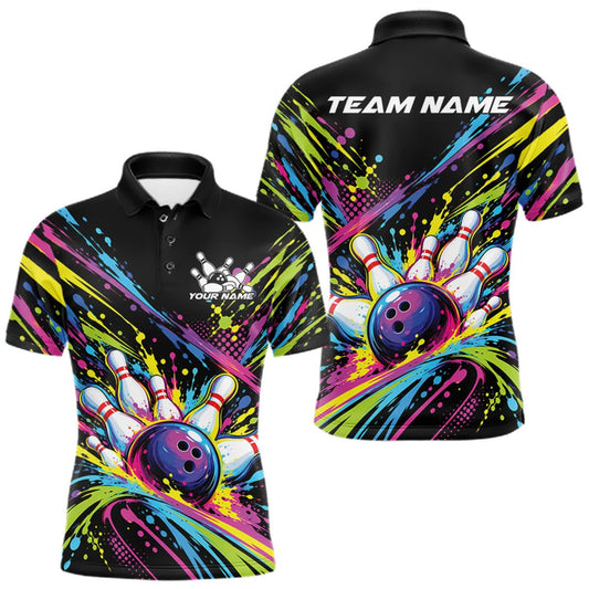 Maxcorners Custom Colorful Splatter Bowling Team Polo Shirt For Men, Bowling Tournament Jersey LM0410