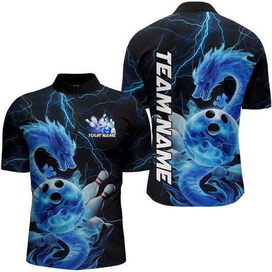 Maxcorners Custom Black And Blue Thunder Lightning Dragon Bowling Polo Shirts For Men, Team Uniform
