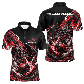 Maxcorners Custom Red Flame Dragon Bowling Men Polo Team Shirts, Bowling Tournament Shirt