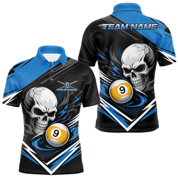 Maxcorners Custom Black And Blue 9 Ball Skull Billiard Men Polo Shirt, Pool Team Shirt LM1508