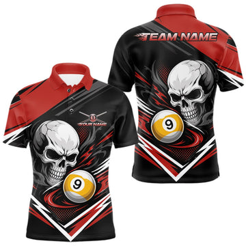 Maxcorners Custom Black And Red 9 Ball Skull Billiard Men Polo Shirt, Pool Team Shirt LM1508