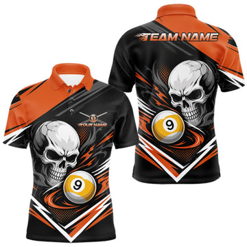 Maxcorners Custom Black And Orange 9 Ball Skull Billiard Men Polo Shirt, Pool Team Shirt LM1508