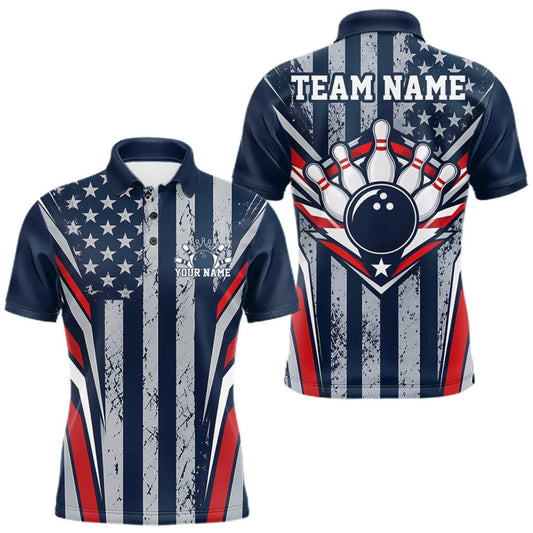 Maxcorners Grunge American Flag Custom Vintage Patriotic Bowling Men Polo Shirt, Bowler Outfit LM0510